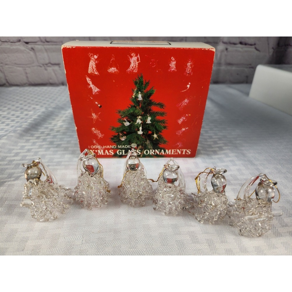 VINTAGE Set of‎ 6 Handmade Glass Christmas Angel Ornaments in original Box